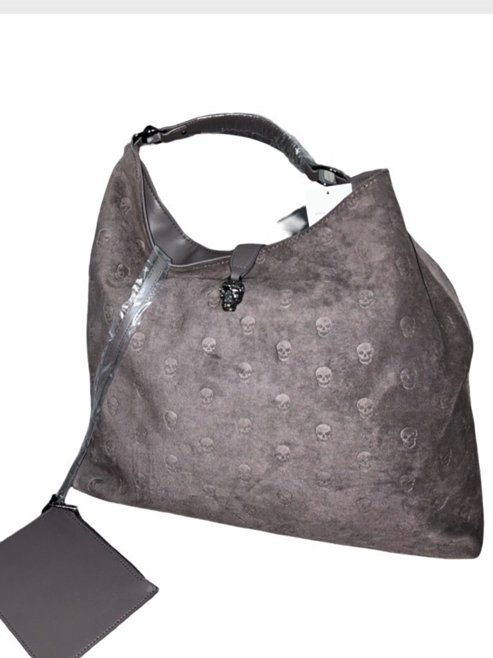 BETSEY JOHNSON LARGE GRAY FAUX SUEDE SHOULDER TOTE PURSE W/ SKULLS & POUCH NWT
